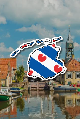 Kaart van Friesland boven een Fries stadsgezicht